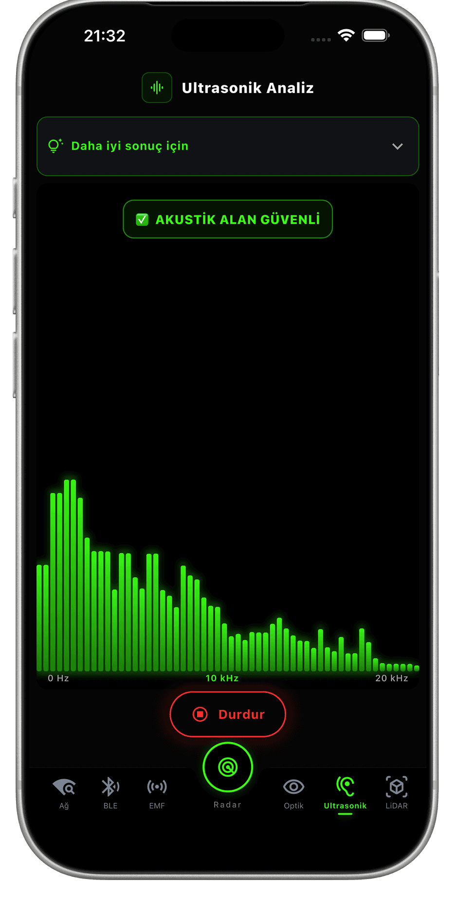 Ultrasonic analysis screen with live frequency spectrum