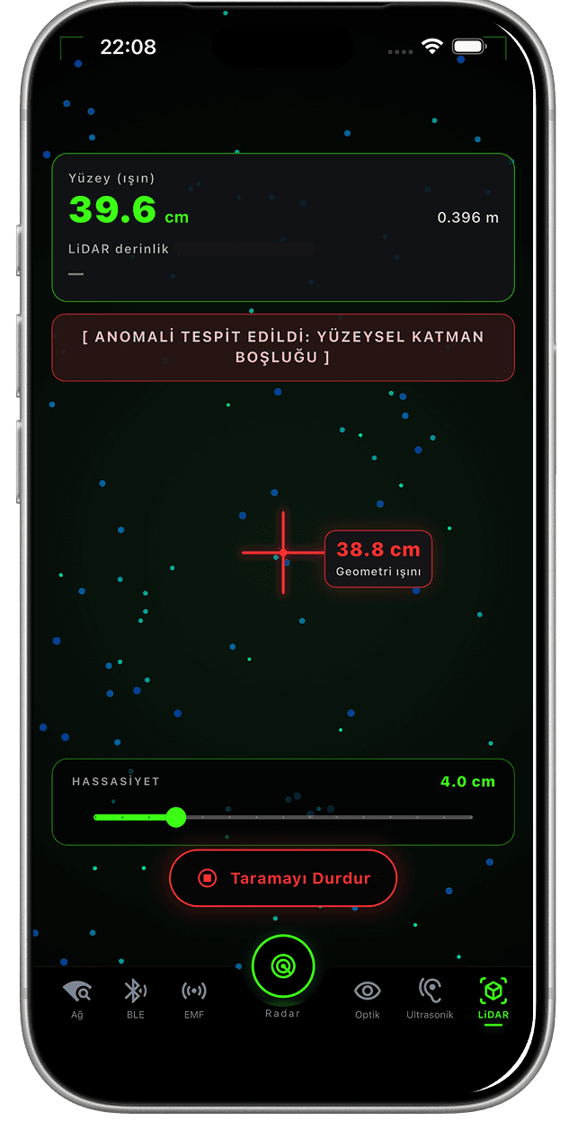 LiDAR scan screen showing a detected surface anomaly